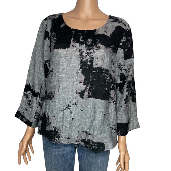 Habitat Tops - Habitat Clothes to Live In abstract print linen blouse Small BlackGrey Lagenlook